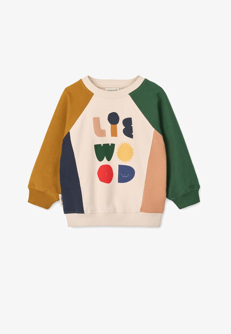 Krāsains sporta krekls ar raglan piedurknēm dzeltenā, zaļā, jūras zila un persiku krāsā. Iezīmēts ar rotaļīgu tekstu un saules grafiku uz krēmkrāsas fona.