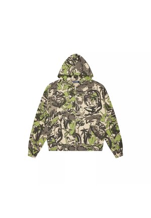 Veste à capuche zippée avec imprimé camouflage abstrait vert, beige et noir style graffiti, avec poches avant et poignets élastiques.
