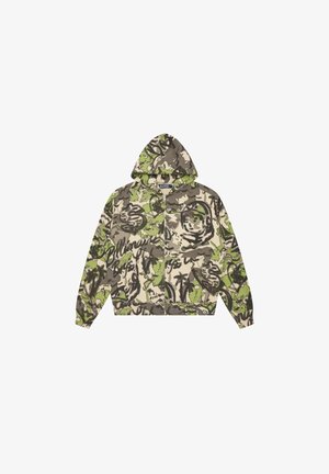 Kapuzensweatjacke mit Reißverschluss in grünem, beigem und schwarzem abstrakten Camouflage- und Graffiti-Design, mit Fronttaschen und elastischen Bündchen.