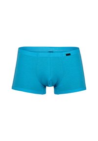 Turkos boxershorts i mjukt tyg, med en åtsittande passform, elastisk midjeband och en framficka för stöd. Sömlös design.