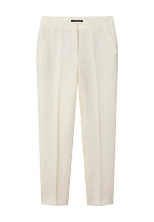 Cream-colored tailored trousers with front pleats, side pockets, and a mid-rise waist from Luisa Cerano.