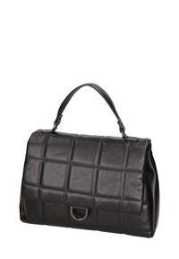 Borsa a tracolla nera in pelle con design trapuntato, forma rettangolare, manico superiore e accessori in metallo sulla parte anteriore.