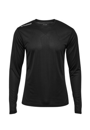 Sort langærmet sports T-shirt lavet af tekstureret stof; har en rund halsudskæring og et logo på venstre skulder.