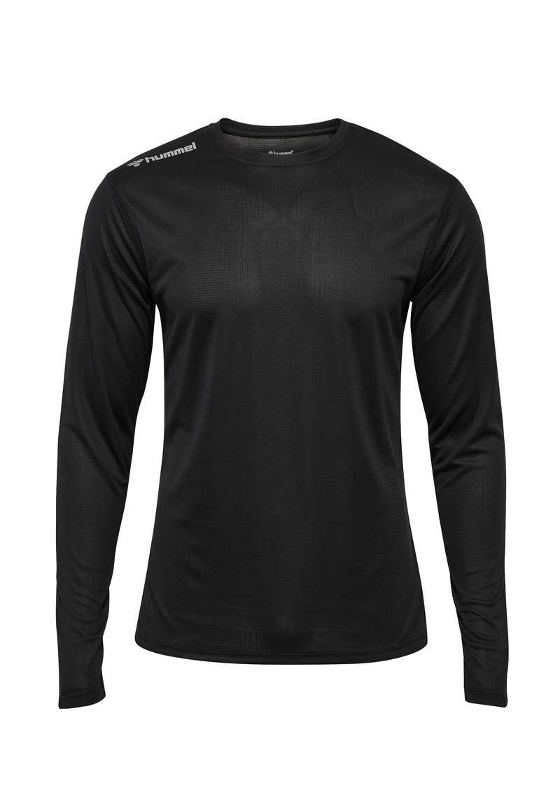 Svart långärmad träningströja i strukturerad tyg; har rund halsringning och en logotypdetalj på vänster axel.