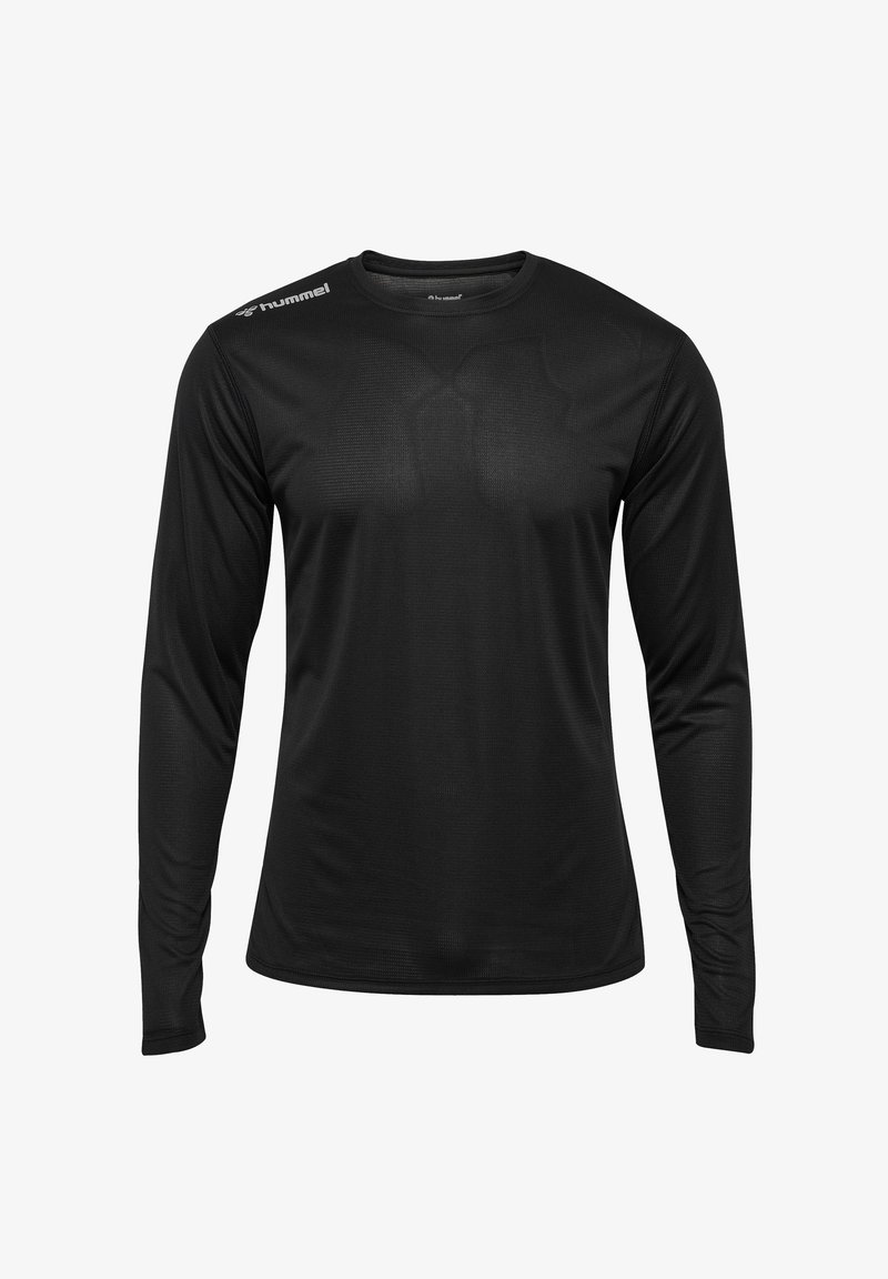 Schwarzes Langarm-Sporthemd aus strukturiertem Stoff; verfügt über einen runden Halsausschnitt und ein Logo-Detail an der linken Schulter.