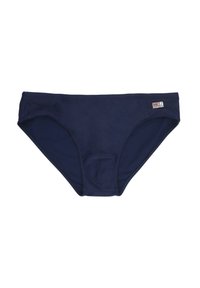 Slip da bikini blu navy realizzati in tessuto liscio ed elasticizzato. Presentano un design a vita bassa e un piccolo etichetta con il marchio in cintura.