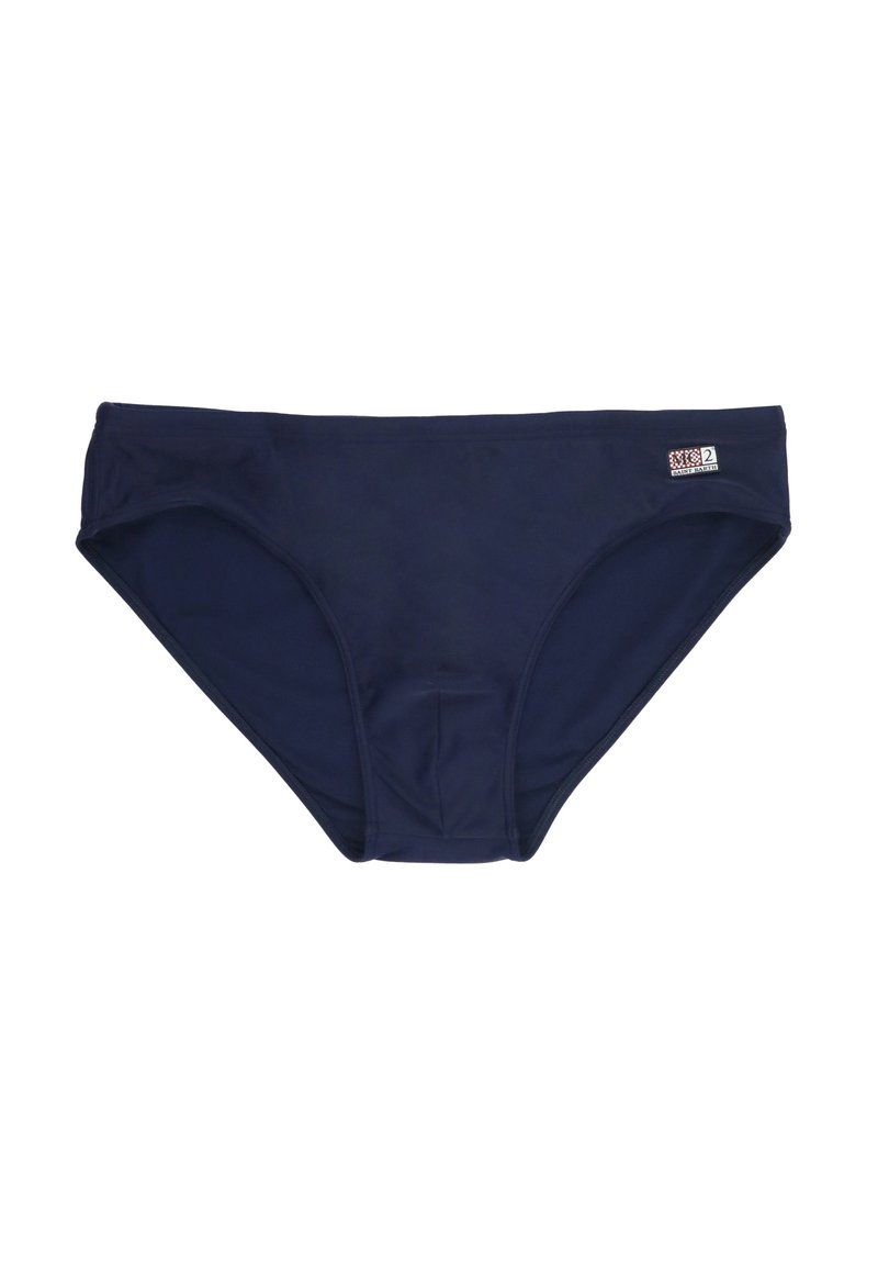 Slip da bikini blu navy realizzati in tessuto liscio ed elasticizzato. Presentano un design a vita bassa e un piccolo etichetta con il marchio in cintura.