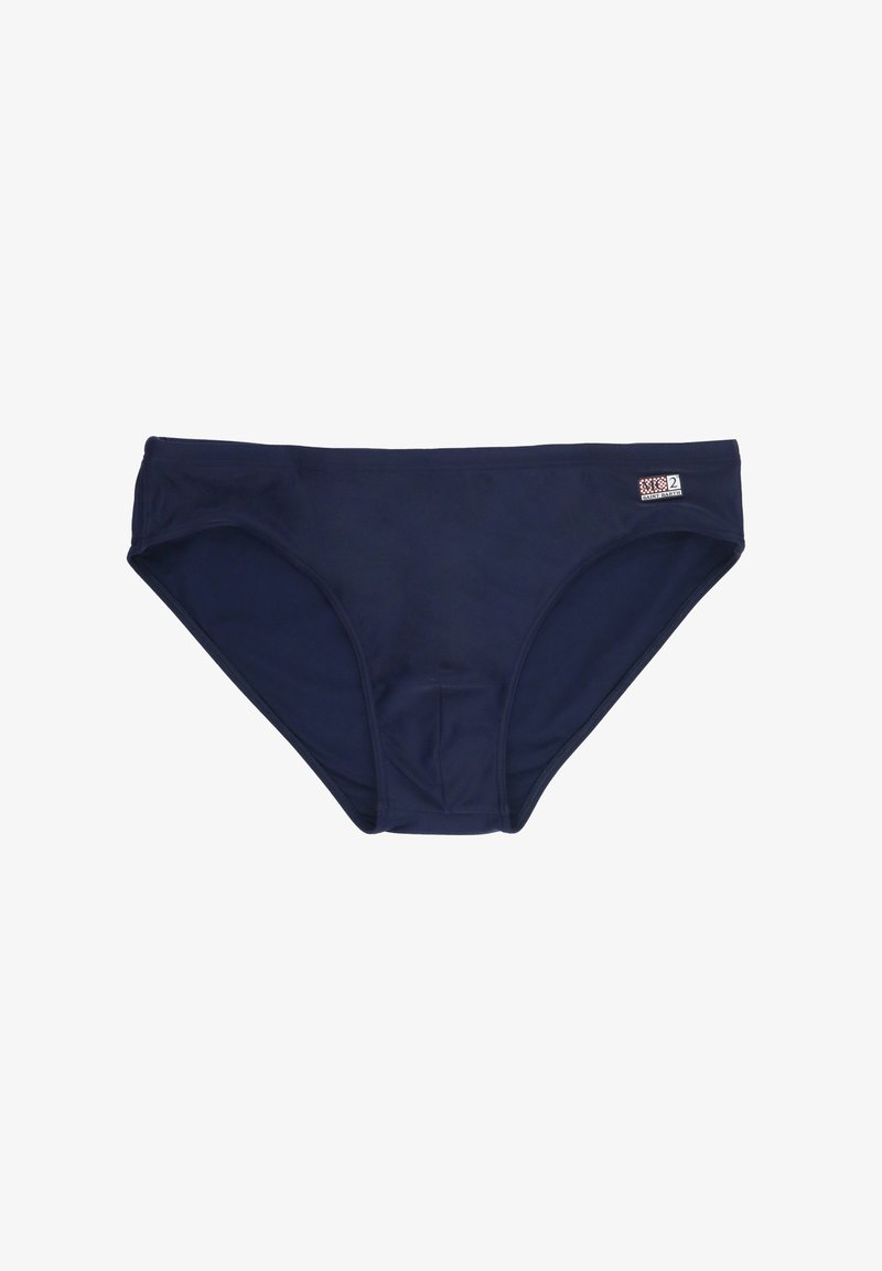 Slip da bikini blu navy realizzati in tessuto liscio ed elasticizzato. Presentano un design a vita bassa e un piccolo etichetta con il marchio in cintura.