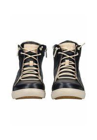 Botas altas de cuero negro con cordones beige, suelas de goma y detalle de cremallera en el lateral. Presenta una parte superior texturizada y costuras en contraste.