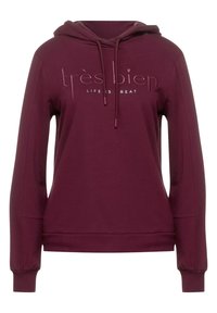 Bordowa bluza z kapturem wykonana z miękkiego materiału, posiada kieszeń typu kangur, ściągacze na rękawach oraz haftowany napis: "très bien" i "LIFE IS GREAT."