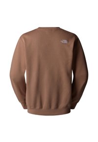 Sudadera marrón con cuello redondo y puños acanalados. Presenta un pequeño logo en la parte superior de la espalda en azul claro. Tejido suave y texturizado.