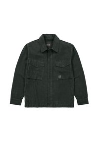 Donkergroene corduroy overhemdjack met een kraag, twee voorflapzakken en knoopsluiting. Heeft een geribbeld textuur en een logo-label.