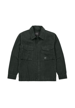 Donkergroene corduroy overhemdjack met een kraag, twee voorflapzakken en knoopsluiting. Heeft een geribbeld textuur en een logo-label.