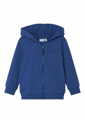 Blauer Kapuzenpullover für Kleinkinder mit Frontreißverschluss, Kapuze, langen Ärmeln, gerippten Bündchen und Saum sowie einer einzelnen Brusttasche.