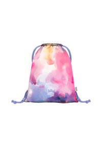 Sacca con cordoncino presenta un design ad acquerello nelle tonalità di rosa, viola e crema. Realizzata in tessuto, con chiusura rotonda e un logo.