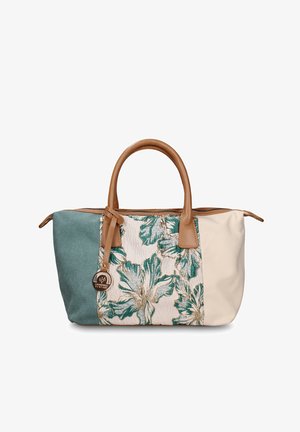 Handtasche mit türkisfarbenen, beigen und elfenbeinfarbenen Paneelen, Blumenstickerei, Griffen aus braunem Leder und einem runden goldfarbenen Logocharm, der an einem Griff hängt.