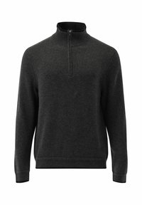 Dunkelgrauer Pullover aus weichem Strickstoff, mit hohem Kragen und einem Viertel-Reißverschluss, gerippten Bündchen und Saum. Schlichtes Design.