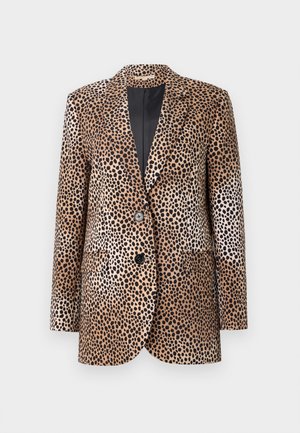 Beige en zwarte blazer met luipaardprint, voorzien van twee knopen, ingevoegde revers en zijzakken, vervaardigd uit een gladde, glanzende stof.