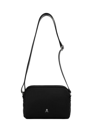 Bolso bandolera rectangular negro con correa ajustable y pequeño logo blanco de calavera y huesos cruzados en el centro delantero.