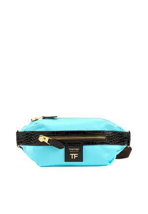 Sac banane Tom Ford bleu et noir avec fermeture éclair dorée et plaque logo, fabriqué en Italie, présenté sur fond blanc.
