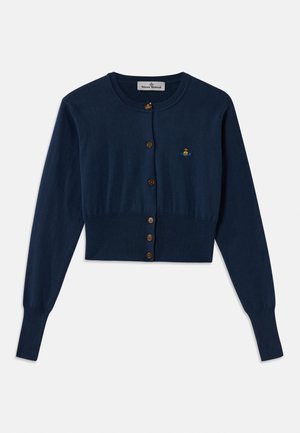 Marineblauwe cropped cardigan van zacht breiwerk met een ronde hals, lange mouwen en vijf bruine knopen met een klein geborduurd detail.