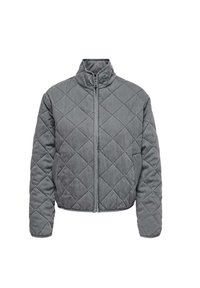 Veste matelassée grise avec un col haut, fermeture éclair à l'avant et motif en losanges, présentant des manches longues et une coupe courte.