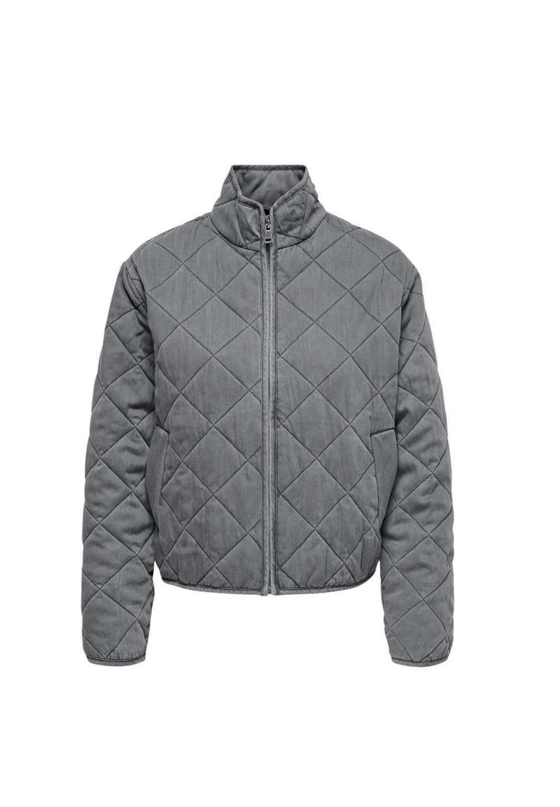 Veste matelassée grise avec un col haut, fermeture éclair à l'avant et motif en losanges, présentant des manches longues et une coupe courte.