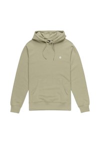 Light green hoodie made of cotton blend, featuring a kangaroo pocket, drawstring hood, and a small logo on the chest. Soft texture.