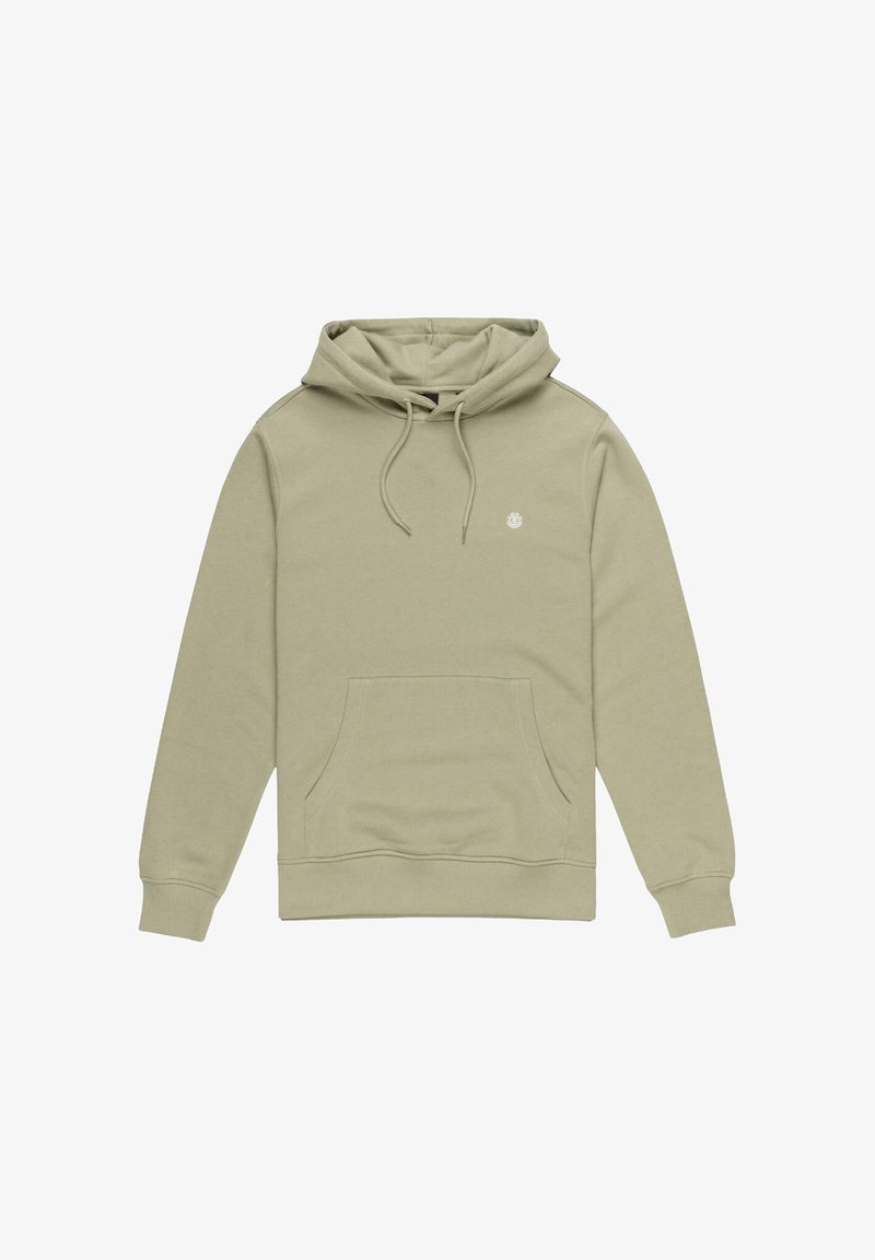 Light green hoodie made of cotton blend, featuring a kangaroo pocket, drawstring hood, and a small logo on the chest. Soft texture.