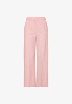 Helle, weit geschnittene rosa Hose mit glatter Textur, flachem Bund und zwei vorderen Taschen, taillierter Schnitt und dezentem Nadelstreifen.