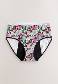Culotte noire taille haute avec un imprimé multicolore de feuilles tropicales. Dispose d'une ceinture élastique blanche avec le logo "NEXT".