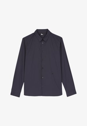 Camicia a maniche lunghe blu navy in tessuto liscio, con colletto a punta, chiusura frontale con bottoni e dettaglio con logo sul lato sinistro.