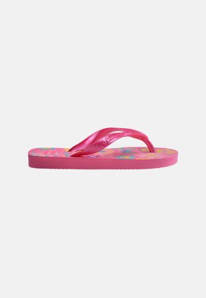 Pink flip-flop with floral patterns on the sole and glossy pink straps, shown from the side on a neutral background.