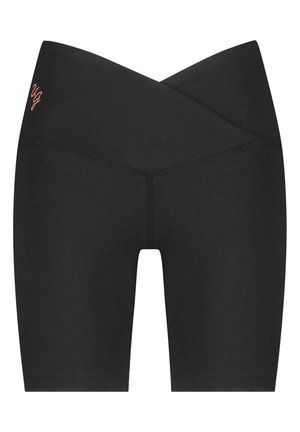 Schwarze Sportshorts mit einem hohen, überlappenden Bund. Glatte Textur mit verstärkten Nähten und einem kleinen, orangefarbenen gestickten Logo.