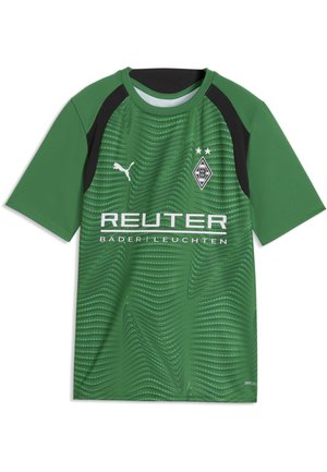 Zielona sportowa koszulka Puma z czarnymi akcentami na ramionach, logo Borussia Mönchengladbach oraz napis sponsora Reuter z przodu.