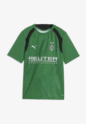 Zielona sportowa koszulka Puma z czarnymi akcentami na ramionach, logo Borussia Mönchengladbach oraz napis sponsora Reuter z przodu.