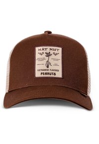 Brown trucker hat with a mesh back featuring a cream label displaying "HAT NUT" and various peanut flavors in decorative font.