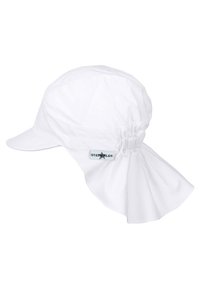 Weißer Sonnenhut aus leichtem Stoff, mit gebogenem Schirm, gerafftem Rücken für eine bessere Passform und einem Logosticker an der Seite.