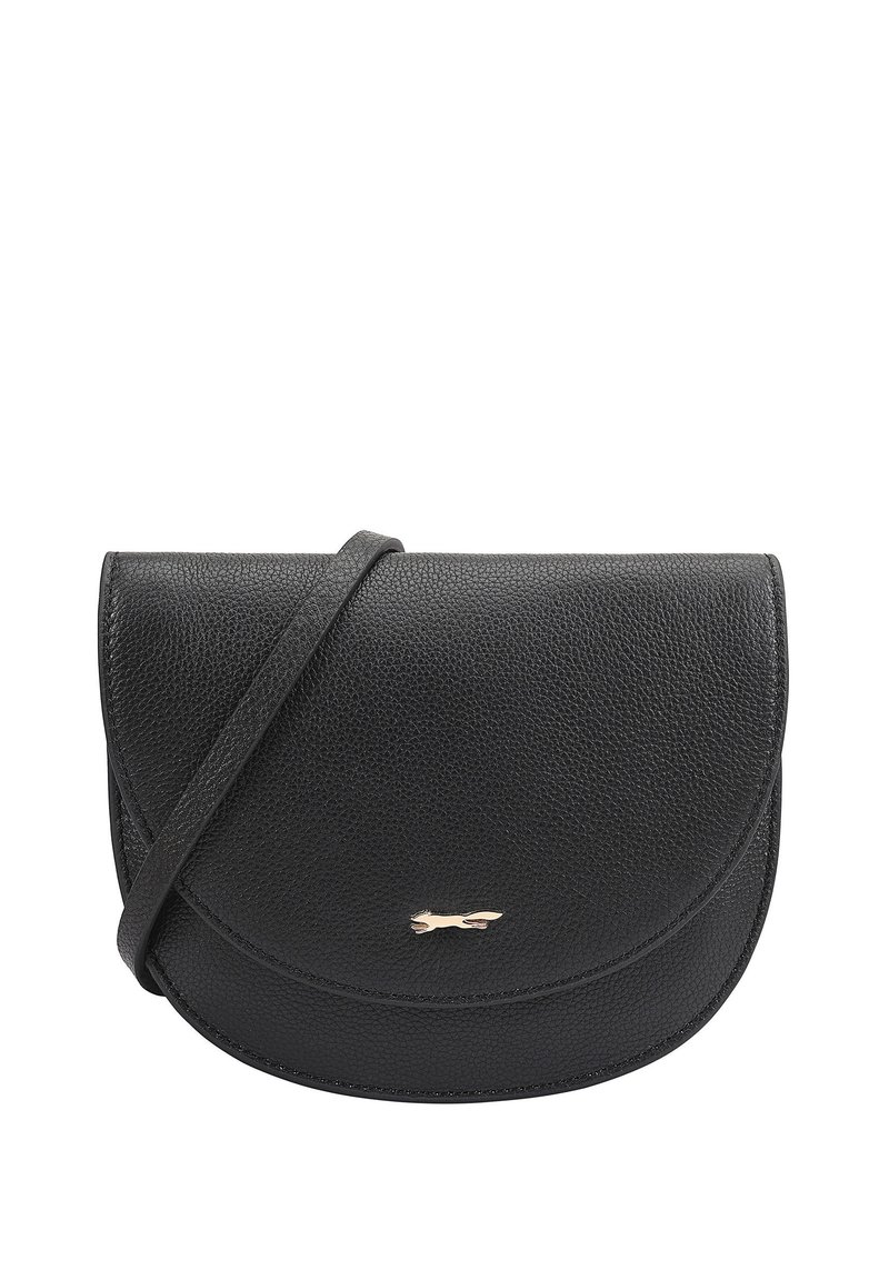 Zwarte leren schoudertas met een gestructureerd oppervlak, een gebogen klep en een klein gouden dier-vormig logo op de voorkant.