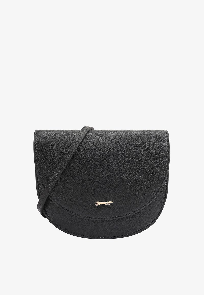 Sac en cuir noir texturé à bandoulière avec rabat incurvé et petit logo en forme d'animal doré à l'avant.