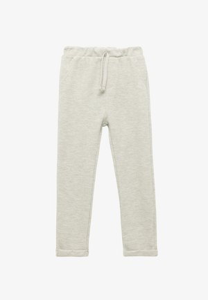 Pantalones de chándal de algodón gris claro con un acabado texturizado, cinturilla elástica, cordón y dos bolsillos laterales, con un diseño de pierna acampanada.
