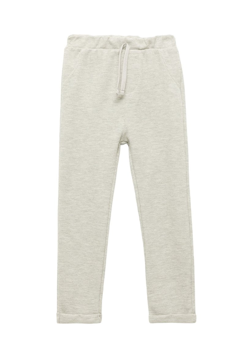 Lys grå bomulds sweatpants med struktureret overflade, elastisk talje, snøre og to sidelommer, med et tapered ben design.
