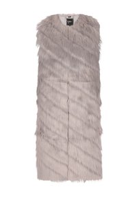 Faux-Fur-Weste in Hellgrau, mit ärmellosem Design, weicher Textur und vertikalen Streifen. Die Ränder sind roh und ungesäumt.