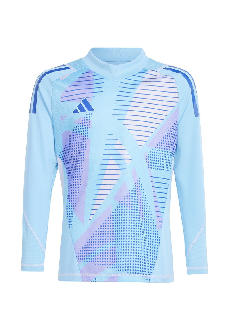  Lichtblauwe sportieve shirt met lange mouwen en abstracte patronen in paars en wit. Heeft een ronde hals en het Adidas-logo op de schouder.