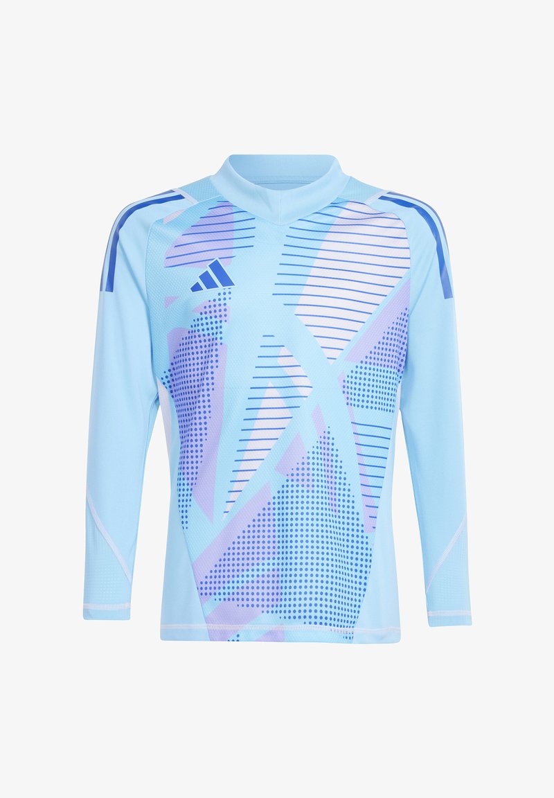 Lichtblauwe sportieve shirt met lange mouwen en abstracte patronen in paars en wit. Heeft een ronde hals en het Adidas-logo op de schouder.