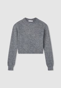 Szary, dziany sweter z długim rękawem, krótki fason, z prążkowanym okrągłym dekoltem i mankietami, rozmiar mały, położony na jasnym tle.