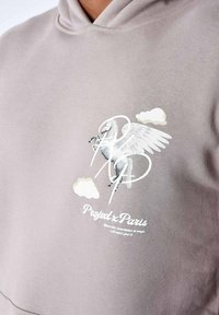 Un sweat à capuche en tissu gris clair présente un graphique d'un cheval ailé, des nuages et le texte "Project x Paris" en blanc contrastant.