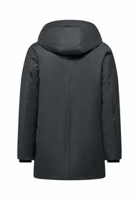 Giacca a vento imbottita grigia scura con cappuccio, caratterizzata da una texture liscia, dettagli delle cuciture e polsini elastici. Design minimalista, senza chiusure visibili.