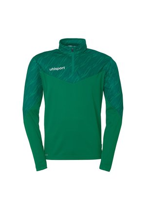 Pull-over de sport vert à manches longues avec col zippé. La partie supérieure présente un motif texturé. Logo imprimé en blanc sur la poitrine gauche.