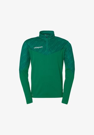 Groene sportpullover met lange mouwen en ritskraag. De bovenste sectie heeft een gestructureerd patroon. Logo in het wit gedrukt op de linkerkant van de borst.